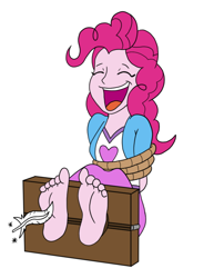 Size: 516x667 | Tagged: safe, artist:irkingir, pinkie pie, equestria girls, g4, barefoot, bondage, cute, diapinkes, eyes closed, feather, feet, fetish, foot fetish, foot focus, laughing, magic, open mouth, rope, simple background, soles, stocks, telekinesis, tickle torture, tickling, tied up, white background