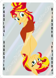 Size: 2000x2800 | Tagged: safe, artist:sixes&sevens, sunset shimmer, human, unicorn, fanfic:the prodigal daughter, equestria girls, g4, cracking, fanfic, fanfic art, fanfic cover, high res, human sunset, looking at each other, looking at someone, mirror, self paradox, self ponidox