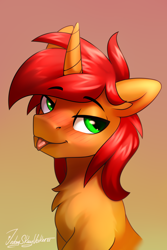 Size: 2000x3000 | Tagged: safe, artist:jedayskayvoker, oc, oc only, oc:rayven, pony, unicorn, blushing, bust, chest fluff, eyebrows, eyebrows visible through hair, fluffy, gradient background, high res, horn, icon, looking at you, male, mlem, patreon, patreon reward, portrait, raised eyebrow, silly, smiling, smiling at you, solo, stallion, tongue out, unicorn oc