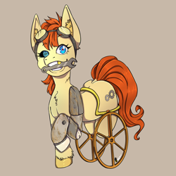 Size: 1446x1446 | Tagged: safe, artist:natt333, oc, oc only, oc:rusty gear, cyborg, earth pony, pony, amputee, cyberpunk, solo, steampunk, wheelchair