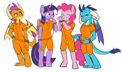 Size: 4550x2700 | Tagged: source needed, useless source url, safe, artist:carouselboi, pinkie pie, princess ember, smolder, twilight sparkle, alicorn, dragon, anthro, g4, bound wings, chained, chains, clothes, cuffed, cuffs, dragoness, female, prison outfit, prisoner, prisoner ember, prisoner pp, prisoner smolder, prisoner ts, simple background, twilight sparkle (alicorn), varying degrees of want, white background, wings
