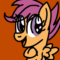 Size: 768x768 | Tagged: safe, artist:danielthebrony57, scootaloo, pegasus, pony, g4, cute, cutealoo, eye clipping through hair, fangirl, female, filly, foal, majestic, open mouth, open smile, orange background, profile, profile picture, simple background, smiling, solo, underhoof