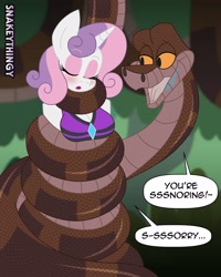 Size: 3200x4000 | Tagged: safe, artist:snakeythingy, sweetie belle, python, snake, unicorn, anthro, g4, bare shoulders, bikini, bikini top, blushing, bondage, bound, breasts, busty sweetie belle, clothes, coiling, coils, crossover, cute, cutie mark, disney, drool, eyelashes, eyes closed, eyeshadow, hypnosis, hypnotized, imminent vore, kaa, makeup, older, older sweetie belle, open mouth, peril, rarity's purple bikini, scales, signature, sleeping, snoring, speech bubble, story included, swimsuit, the jungle book