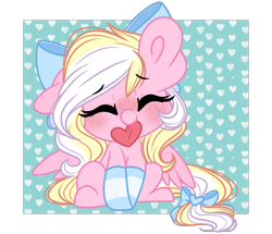 Size: 2485x2136 | Tagged: safe, artist:emberslament, oc, oc only, oc:bay breeze, pegasus, pony, blushing, bow, chibi, clothes, cute, eyes closed, female, hair bow, heart, high res, hnnng, mare, mouth hold, ocbetes, one ear down, pegasus oc, simple background, sitting, socks, solo, striped socks, tail, tail bow, transparent background, weapons-grade cute