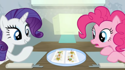 Size: 920x516 | Tagged: safe, screencap, pinkie pie, rarity, earth pony, pony, unicorn, g4, season 6, spice up your life, duo, duo female, female, food, hors d'oeuvre, lamp, mare, rarity looking at food, restaurant
