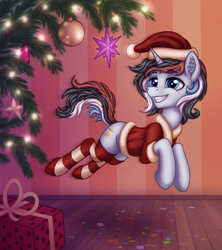 Size: 2100x2363 | Tagged: safe, artist:eltaile, oc, oc only, oc:soothing song, pony, unicorn, christmas, clothes, commission, costume, decoration, high res, holiday, jumping, male, present, santa costume, socks, solo, striped socks, tree, your character here