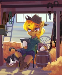 Size: 3412x4096 | Tagged: safe, artist:saxopi, oc, oc only, cat, earth pony, semi-anthro, arm hooves, barrel, brown eyes, cellphone, clothes, colored pupils, commission, cup, eyebrows, eyebrows visible through hair, hat, hay, hay bale, high res, hoof hold, hoof shoes, ladder, pants, phone, shirt, sitting, sleeping, solo, wheel, whiskers, yellow mane