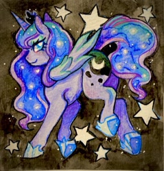 Size: 530x555 | Tagged: safe, artist:prrplefungi, princess luna, alicorn, pony, g4, female, hoof shoes, looking back, solo, stars, traditional art, watercolor painting