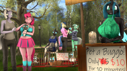 Size: 3840x2160 | Tagged: safe, artist:donglysfm, bon bon, limestone pie, lyra heartstrings, pinkie pie, queen chrysalis, sweetie drops, changeling, changeling larva, changeling queen, unicorn, anthro, plantigrade anthro, g4, 3d, backless, barefoot, big breasts, breasts, busty pinkie pie, busty queen chrysalis, chubby, clothes, cute, cute little fangs, cuteling, fangs, feet, female, high res, money, nail polish, open-back sweater, outdoors, park, petting, revamped anthros, siblings, sisters, skirt, sleeveless sweater, socks, source filmmaker, sweater, toenail polish, tongue out, virgin killer sweater