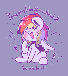 Size: 959x1075 | Tagged: safe, artist:support-ponies, artist:typhwosion, rainbow dash, pegasus, pony, g4, blushing, dialogue, eyes closed, female, mare, motivational, open mouth, open smile, positive ponies, purple background, requested art, simple background, sitting, smiling, solo