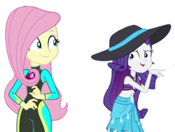 Size: 952x720 | Tagged: safe, edit, edited screencap, screencap, fluttershy, rarity, equestria girls, equestria girls series, g4, too hot to handle, background removed, belly button, bikini, bikini top, clothes, duo, duo female, female, fluttershy's wetsuit, hat, midriff, not a vector, open mouth, open smile, rarity's blue sarong, rarity's purple bikini, sarong, simple background, smiling, sun hat, swimsuit, transparent background, wetsuit