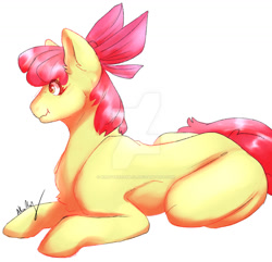Size: 1280x1234 | Tagged: safe, artist:kraftcreamlol, apple bloom, earth pony, pony, g4, deviantart watermark, female, filly, foal, lying down, obtrusive watermark, prone, simple background, solo, watermark, white background