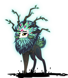 Size: 3501x4000 | Tagged: safe, artist:orin331, deer, dryad, pony, equestria girls, g4, my little pony equestria girls: legend of everfree, antlers, beast, branches for antlers, bushy brows, creepy, female, glowing, glowing eyes, high res, implied great seedling, leaves, magic, magic aura, monster, mud, quadrupedal, simple background, species swap, tar, transparent background, ugly