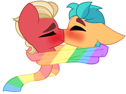 Size: 900x671 | Tagged: safe, artist:rozyfly10, hitch trailblazer, sprout cloverleaf, earth pony, pony, best gift ever, g5, my little pony: a new generation, best friends, blushing, boop, clothes, duo, duo male, gay, head only, hitchsprout, kissing, male, nose kiss, noseboop, scarf, shared clothing, shared scarf, shipping, simple background, smiling, stallion, striped scarf, transparent background