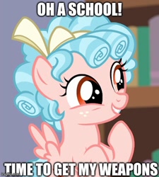 Size: 500x556 | Tagged: safe, edit, edited screencap, screencap, cozy glow, pegasus, pony, g4, bow, caption, cozy glow's bow, cozybetes, cropped, curly mane, cute, female, filly, foal, freckles, gritted teeth, hair bow, image macro, imgflip, implied school shooting, pure concentrated unfiltered evil of the utmost potency, pure unfiltered evil, smiling, spread wings, tail, text, this will end in school shooting, two toned mane, two toned tail, watermark, wings