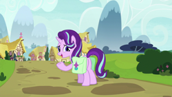 Size: 1920x1080 | Tagged: safe, screencap, starlight glimmer, pony, unicorn, g4, rock solid friendship, season 7, bag, butt, female, glimmer glutes, looking back, mare, open mouth, plot, raised hoof, saddle bag, smiling, solo