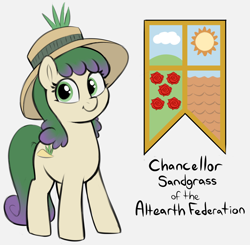 Size: 1970x1932 | Tagged: safe, artist:heretichesh, oc, oc only, oc:chancellor sandgrass, earth pony, pony, colored, female, flag, hat, looking at you, mare, simple background, solo, sun hat