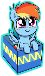 Size: 1749x2931 | Tagged: safe, artist:heretichesh, rainbow dash, pegasus, pony, fanfic:my little dashie, blushing, box, colored, cute, dashabetes, feathered wings, female, filly, filly rainbow dash, foal, looking at you, simple background, smiling, solo, spread wings, transparent background, wings, younger