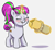 Size: 2416x2208 | Tagged: safe, artist:heretichesh, oc, oc only, oc:zippi, pony, unicorn, blushing, burrito, drool, eating, eyebrows, eyelashes, eyes closed, female, filly, foal, food, freckles, glowing, glowing horn, high res, horn, levitation, magic, magic aura, ponytail, simple background, smiling, solo, tail, tail bun, telekinesis, white background