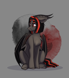 Size: 1482x1668 | Tagged: safe, artist:alrumoon_art, oc, oc only, oc:era, original species, pony, abstract background, bat wings, chest fluff, female, horns, mare, solo, wings