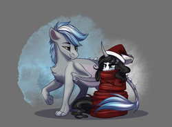 Size: 2271x1668 | Tagged: safe, artist:alrumoon_art, oc, oc only, oc:chain lightning, oc:fume hood, dracony, dragon, hybrid, pony, unicorn, abstract background, chainume, christmas, clothes, duo, hat, holiday, santa hat, scarf