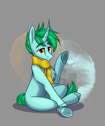 Size: 1483x1770 | Tagged: safe, artist:alrumoon_art, oc, oc only, oc:peppermint chemicals, pony, unicorn, abstract background, chest fluff, clothes, male, scarf, sitting, solo, underhoof