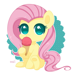 Size: 600x600 | Tagged: safe, artist:exceru-karina, fluttershy, pegasus, pony, g4, blue eyes, chibi, cute, digital art, eating, female, food, hoof hold, ice cream, ice cream cone, looking at you, mare, no pupils, outline, partial background, shyabetes, simple background, sitting, solo, three quarter view, transparent background, underhoof, weapons-grade cute, white outline