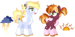Size: 800x400 | Tagged: safe, artist:artistcoolpony, oc, oc only, oc:sunny harvest, oc:thunderclap, earth pony, pegasus, pony, blaze (coat marking), brother and sister, chest fluff, coat markings, colored pupils, colored wings, colored wingtips, duo, ear piercing, earring, earth pony oc, facial markings, female, folded wings, freckles, frown, full body, green eyes, jewelry, looking at each other, looking at someone, male, mare, multicolored mane, multicolored tail, offspring, open mouth, open smile, parent:big macintosh, parent:rainbow dash, parents:rainbowmac, pegasus oc, piercing, ponytail, siblings, simple background, smiling, socks (coat markings), stallion, standing, tail, transparent background, unshorn fetlocks, wall of tags, wings