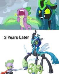 Size: 720x900 | Tagged: safe, edit, edited screencap, editor:zcord, screencap, queen chrysalis, spike, changeling, changeling queen, dragon, g4, my little pony: friendship is magic, the ending of the end, cape, clothes, comic, fangs, female, horn, op is on drugs, prediction, screencap comic, spikeabuse, sword, time skip, timeskip, toy, weapon, wheel, wings