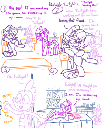 Size: 4779x6013 | Tagged: safe, artist:adorkabletwilightandfriends, spike, starlight glimmer, twilight sparkle, oc, oc:pinenut, alicorn, cat, dragon, pony, unicorn, comic:adorkable twilight and friends, g4, adorkable, adorkable twilight, bed, bedroom, book, comic, couch, curtains, cute, dork, exercise, female, humor, living room, lying down, male, mare, rain, reading, slice of life, smartass, twilight sparkle (alicorn), window