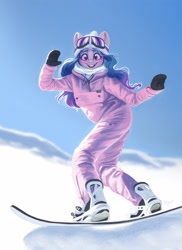 Size: 2620x3592 | Tagged: safe, artist:amishy, izzy moonbow, unicorn, anthro, g5, my little pony: a new generation, female, looking at you, smiling, smiling at you, snow, snowboard, snowboarding, solo