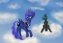 Size: 1559x1054 | Tagged: safe, artist:moonlightrift, princess luna, queen chrysalis, alicorn, changeling, changeling queen, pony, g4, :o, alternate hairstyle, chrysaluna, cloud, duo, duo female, ethereal mane, eye clipping through hair, female, folded wings, galaxy mane, insect wings, jewelry, lesbian, love, mare, on a cloud, open mouth, ring, shipping, short hair, sitting, sitting on a cloud, smiling, spread wings, wings