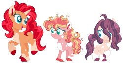 Size: 600x307 | Tagged: safe, artist:artistcoolpony, oc, oc only, oc:cherry pop, oc:evening glow, oc:summer shine, earth pony, pony, unicorn, base used, coat markings, colored hooves, colored pupils, female, filly, foal, magical lesbian spawn, mare, offspring, open mouth, open smile, parent:pinkie pie, parent:sunset shimmer, parents:sunsetpie, siblings, simple background, sisters, smiling, transparent background, trio