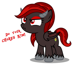 Size: 3610x3210 | Tagged: safe, artist:strategypony, oc, oc only, oc:kim stone, bat pony, demon, demon pony, monster pony, original species, pony, angry, chores, cute, eyelashes, female, filly, foal, high res, horns, lazy, madorable, offscreen character, red eyes, simple background, solo focus, transparent background, wings
