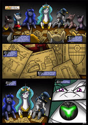 Size: 1280x1808 | Tagged: safe, artist:darklamprey, princess celestia, princess luna, shining armor, star swirl the bearded, alicorn, earth pony, pegasus, pony, unicorn, comic:equestria's war of the worlds, g4, airship, artistic license, biplane, blueprint, celestia is not amused, close-up, comic, crossover, flashback, luna is not amused, martian, memories, narration, royal sisters, serious, serious face, siblings, sisters, table, tank (vehicle), the war of the worlds, unamused, war, war face, zeppelin