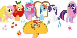 Size: 1280x635 | Tagged: safe, artist:galioncyapon, applejack, fluttershy, pinkie pie, rainbow dash, rarity, sunset shimmer, twilight sparkle, alicorn, earth pony, pegasus, pony, unicorn, g4, alternate mane seven, apple, apple costume, clothes, cookie, costume, cupcake, cupcake costume, food, food costume, lemon, mane six, marshmallow, marshmallow costume, peanut butter and jelly, rarity is a marshmallow, sandwich, sandwich costume, simple background, taco, taco costume, transparent background, twilight sparkle (alicorn)