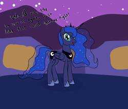 Size: 2517x2140 | Tagged: safe, artist:librarylonging, princess luna, alicorn, pony, g4, bronybait, high res, house, looking at you, night, solo, standing, stars, talking, talking to viewer, text