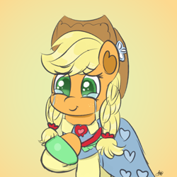 Size: 2160x2160 | Tagged: safe, artist:limitmj, applejack, earth pony, pony, g4, the big mac question, alternate hairstyle, applejack's hat, clothes, cowboy hat, crying, cute, dress, female, flower, formal wear, hat, high res, jackabetes, mare, scene interpretation, solo, tears of joy, teary eyes