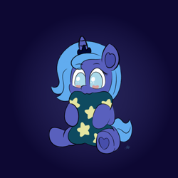 Size: 2160x2160 | Tagged: safe, artist:limitmj, princess luna, alicorn, pony, g4, blue background, cute, female, filly, gradient background, high res, lunabetes, nom, pillow, simple background, solo, woona, younger