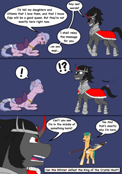 Size: 1668x2388 | Tagged: safe, artist:simonsartbookservice, hitch trailblazer, king sombra, queen haven, earth pony, pegasus, pony, unicorn, g5, my little pony: a new generation, comic, literal butthurt, pain, sword, the witcher, the witcher 3, weapon, witcher