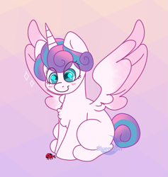 Size: 1237x1305 | Tagged: safe, artist:bluemoon, princess flurry heart, alicorn, insect, ladybug, pony, g4, blank flank, chest fluff, cute, female, filly, flurrybetes, foal, smiling, solo, spread wings, wings