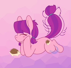 Size: 1309x1242 | Tagged: safe, artist:bluemoon, lily longsocks, earth pony, hedgehog, pony, g4, adorasocks, animal, background pony, behaving like a dog, cute, eyes closed, female, filly, foal, happy, lilydorable, smiling, solo, tail, tail wag