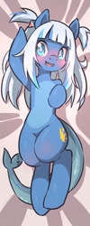 Size: 500x1250 | Tagged: safe, artist:renpcarts, oc, original species, pony, shark, shark pony, semi-anthro, arm hooves, blushing, body pillow, body pillow design, fish tail, gawr gura, heart eyes, hololive, hololive eng, knee blush, looking at you, lying down, on back, pale belly, pigtails, ponified, sharp teeth, solo, tail, teeth, twintails, vtuber, wingding eyes