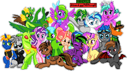 Size: 1020x567 | Tagged: safe, artist:epicvon, editor:cocoa bittersweet, oc, oc only, oc:beautyberry kiss, oc:blitz wing, oc:cobalt spark, oc:cocoa bittersweet, oc:delilah diamond, oc:germ, oc:green byte, oc:heartshine, oc:ice blazer, oc:schiller rush, oc:shadowtrot flamewraith, oc:valra bellkeys, unnamed oc, bat pony, changeling, earth pony, pegasus, pony, unicorn, antlers, bat pony oc, bow, changeling oc, clothes, earth pony oc, female, glasses, goggles, hair bow, hat, headphones, hoodie, horn, laughing, looking at you, lying down, male, manepxls, mare, music notes, one eye closed, open mouth, pegasus oc, pixel art, ponytail, pxls.space, scarf, simple background, sitting, smiling, stallion, terminal, tongue out, transparent background, unicorn oc, wink, winking at you