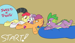 Size: 3760x2149 | Tagged: safe, artist:rupert, apple bloom, scootaloo, spike, sweetie belle, dragon, series:cmc: big belly blowout!, g4, container, crusadespike, cutie mark crusaders, fat, fat fetish, female, fetish, high res, incentive drive, lying down, male, mare, on back, pillow, polyamory, prone, ship:scootaspike, ship:spikebelle, ship:spikebloom, shipping, straight, this will end in weight gain, weight gain sequence, winged spike, wings