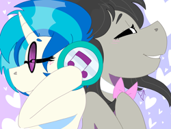 Size: 1995x1500 | Tagged: safe, artist:dsstoner, dj pon-3, octavia melody, vinyl scratch, earth pony, pony, unicorn, g4, bowtie, bust, clothes, curved horn, duo, duo female, eyes closed, female, grin, headphones, horn, implied lesbian, implied shipping, listen, listen to music, listening, listening to music, mare, music, portrait, shared headphones, sharing headphones, ship:scratchtavia, shipping, smiling