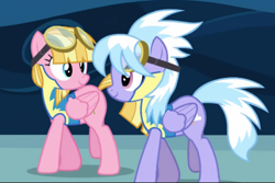 Size: 1019x679 | Tagged: safe, screencap, cloudchaser, meadow flower, pegasus, pony, g4, wonderbolts academy, clothes, cropped, duo, duo female, duo focus, female, looking at each other, looking at someone, mare, ponies standing next to each other, uniform, walking, wonderbolt trainee uniform