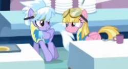 Size: 860x469 | Tagged: safe, screencap, cloudchaser, meadow flower, pegasus, pony, g4, wonderbolts academy, background characters doing background things, clothes, cropped, duo, duo focus, female, goggles, uniform, walking, wonderbolt trainee uniform