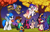 Size: 3415x2188 | Tagged: safe, artist:megabait, oc, oc:airi, oc:evilyne, oc:mega voltage, oc:vajr, bat, pony, ankha, dalgona, female, grave, group, halloween, high res, holiday, male, night, oc x oc, pink guard (squid game), pumpkin, shipping, squid game, straight, tree