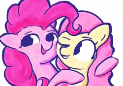 Size: 2388x1668 | Tagged: safe, artist:solid shrimp, fluttershy, pinkie pie, earth pony, pegasus, pony, g4, cheek to cheek, duo, duo female, female, grin, hug, one eye closed, open mouth, open smile, smiling